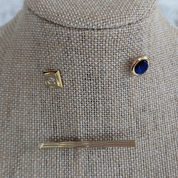 Set of 3 Tie Tacs Blue Lapis "G" initial Diamonds Cut Tie Bar Bundle - Picture 2 of 5